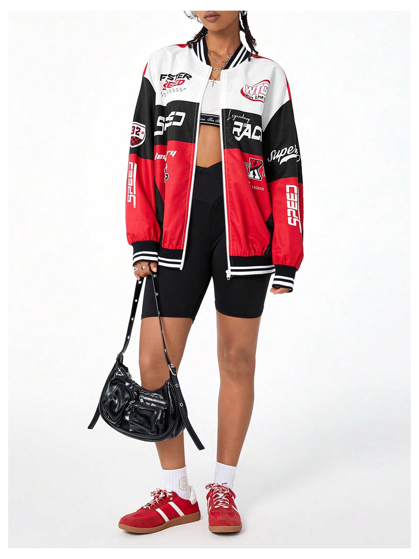 Verdusa Women's Graphic Motorcycle Racing Bomber Jacket Streetwear Zip Up Outerwear Y2k Fall Jackets Black Medium