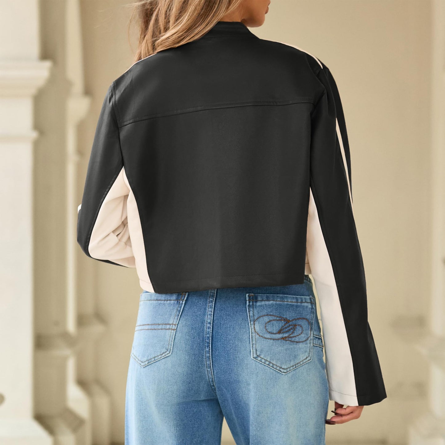 Cropped Black Faux Leather Jacket Women Biker Motorcycle Bomber Leather Jacket Women Fall Clothes Zip Up Moto PU Coats S