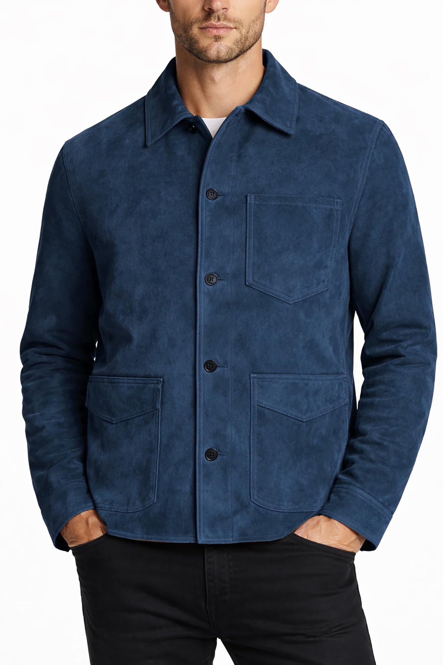 LP-FACON Mens Classic Blue Suede Leather Jacket Shirt Style - Western Trucker Casual Cowboy Suede Leather Jacket 2XL