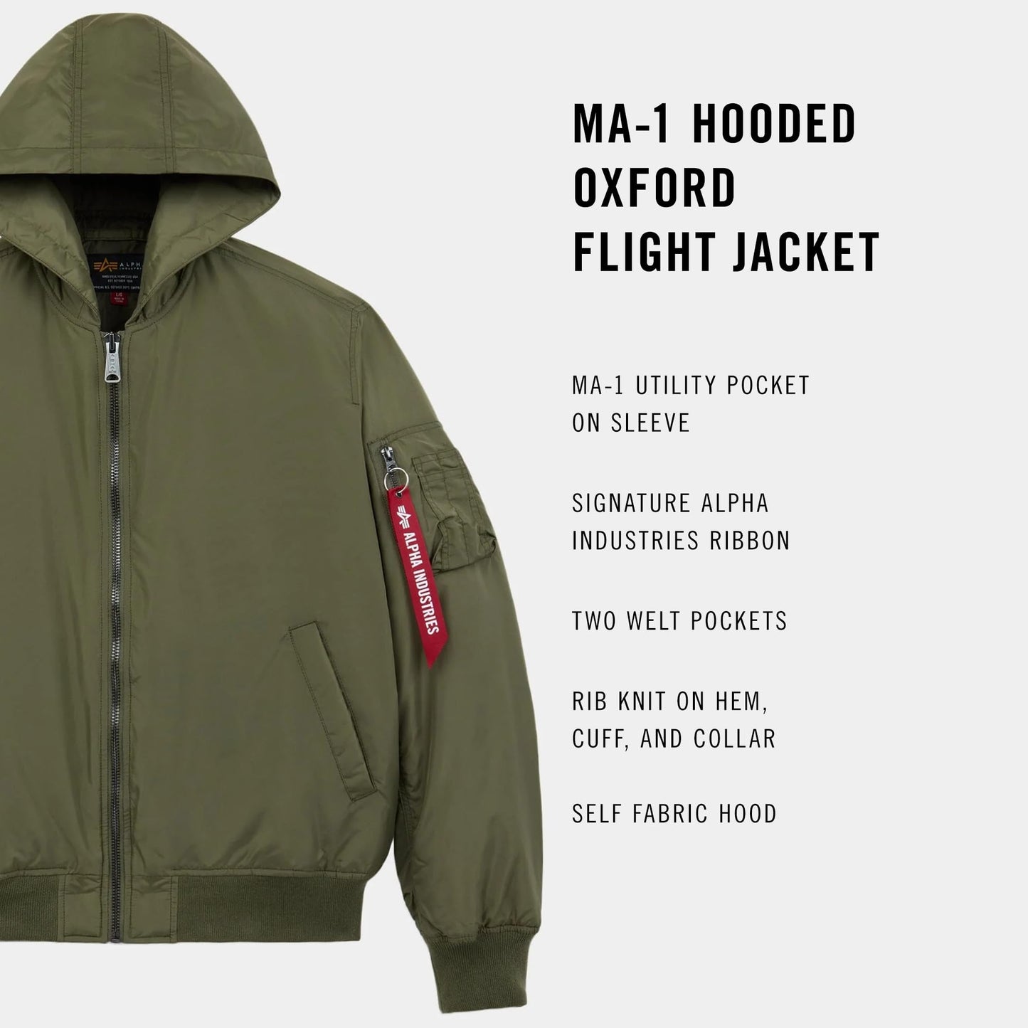 Alpha Industries MA-1 Hooded Oxford Flight Jacket for Men – Bomber Lightweight Nylon Shell – Utility Sleeve Pocket – Rib-Knit Trim – Fleece Hood – Zipper Closure – Military Jacket, Green, M