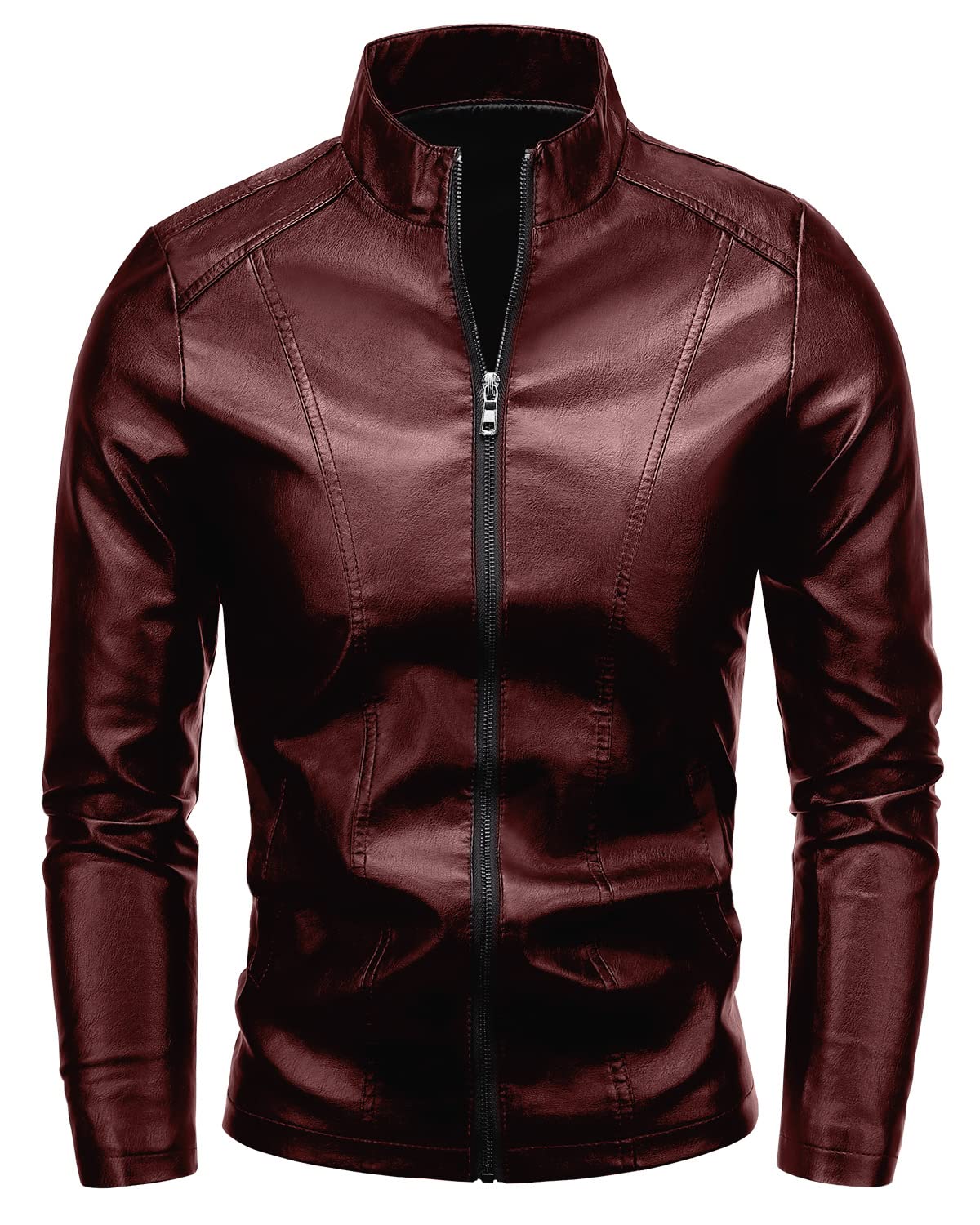 Fairylinks Leather Jacket Men Casual Zip Up, Burgundy, Small