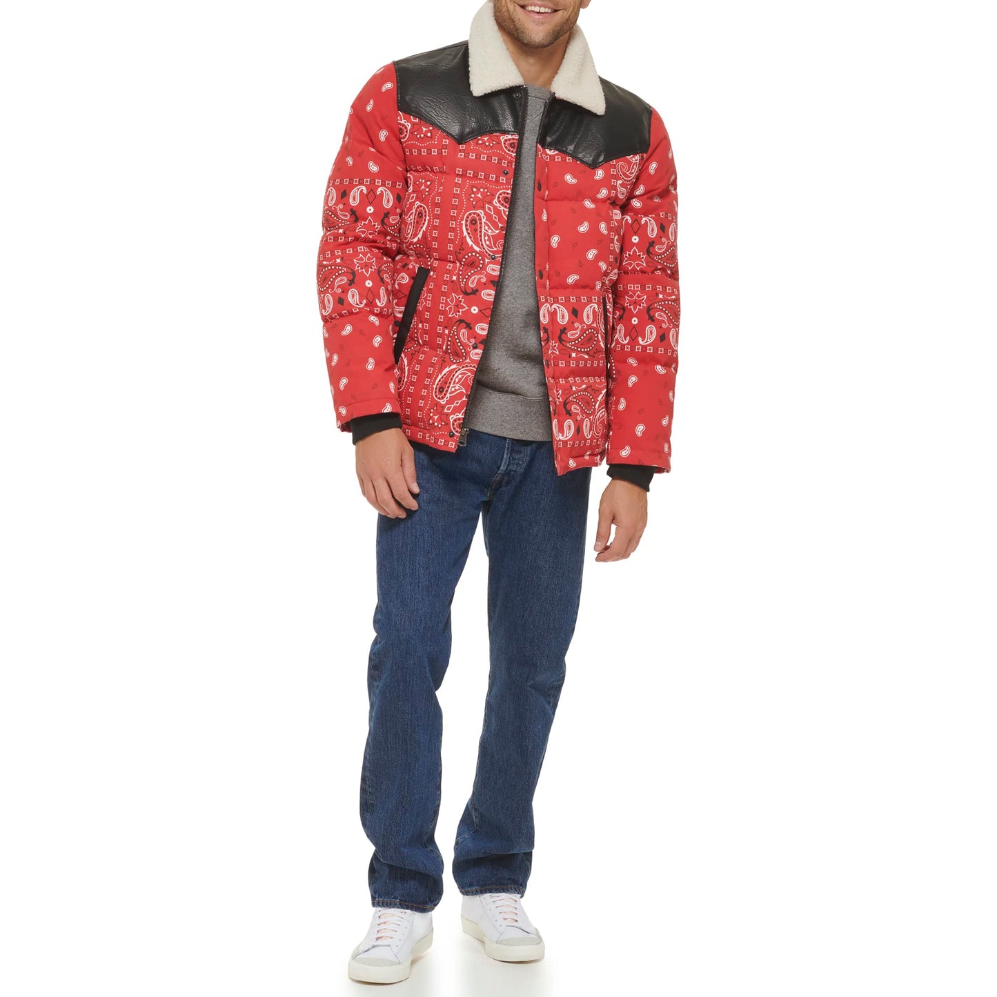 Levi's Men's Levi's Men's Out West Mixed Media Puffer Vest, Red Bandana Print Puffer, Small