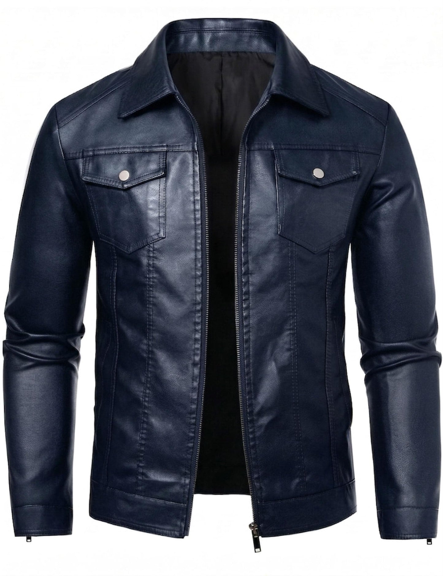 Blue Leather Jacket Men Faux Leather Moto Biker Coat Outwear Windproof XL