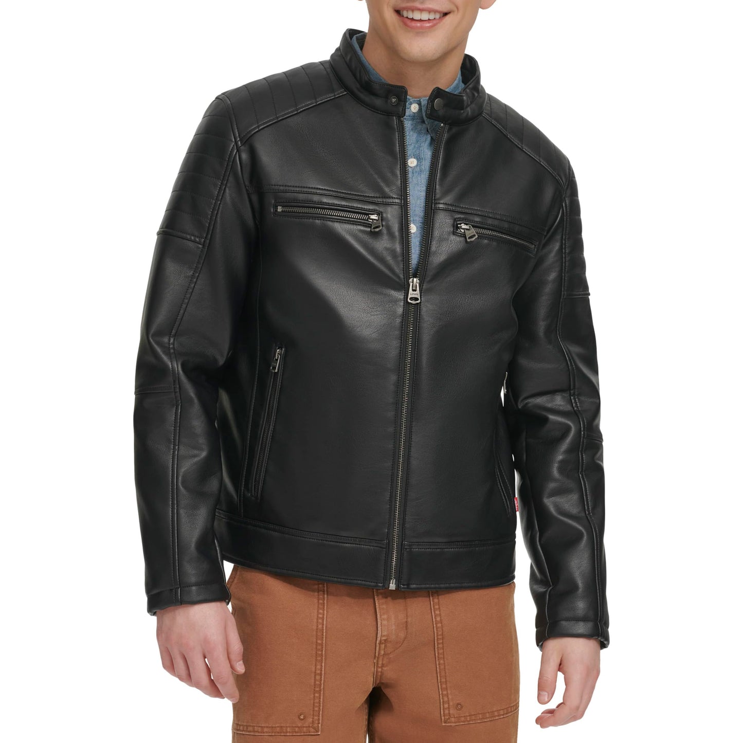 Levi's Men's Faux Leather Hooded Racer Jacket, Black Quilt Lined, Large