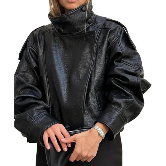Xoehigc Womens Faux Leather Jacket Stand Collar Oversize Pebbled Zip Up Crop Jackets Winter Motorcycle Jacket