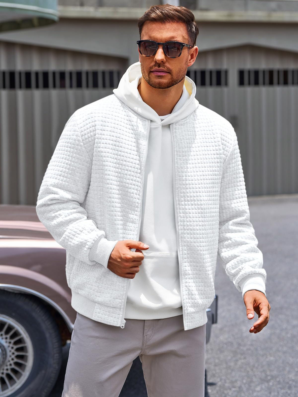Runcati Mens Bomber Jacket Casual Lightweight Varsity Jackets Waffle Coat