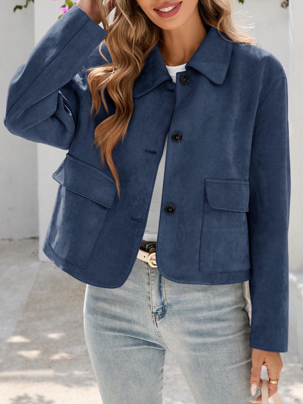 Tankaneo Womens Faux Suede Leather Jackets Casual Cropped Coats Vintage Button Down Shackets