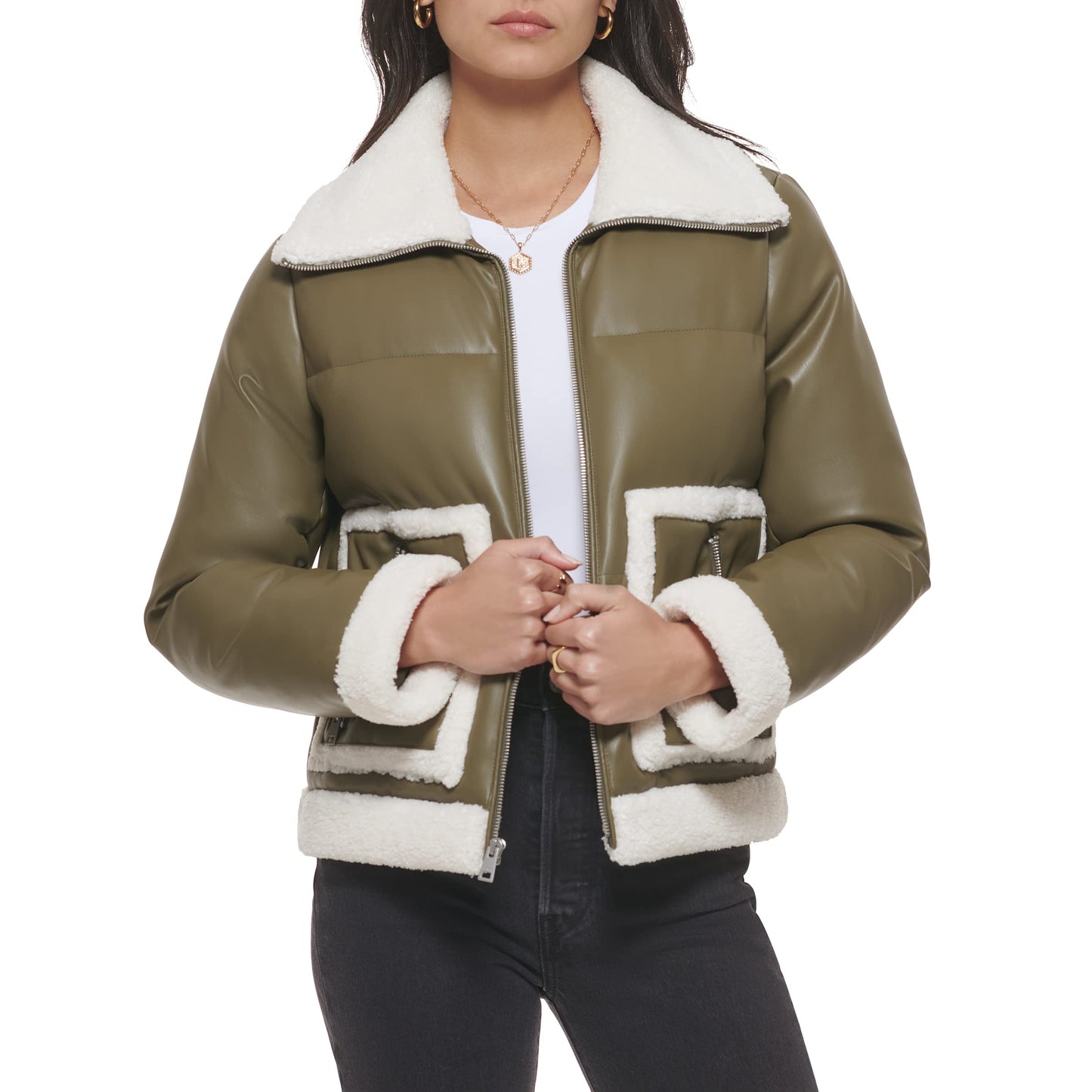 Levi's Women's Breanna Puffer Jacket (Standard and Plus Sizes), Olive Faux Leather Sherpa Pocket, Large