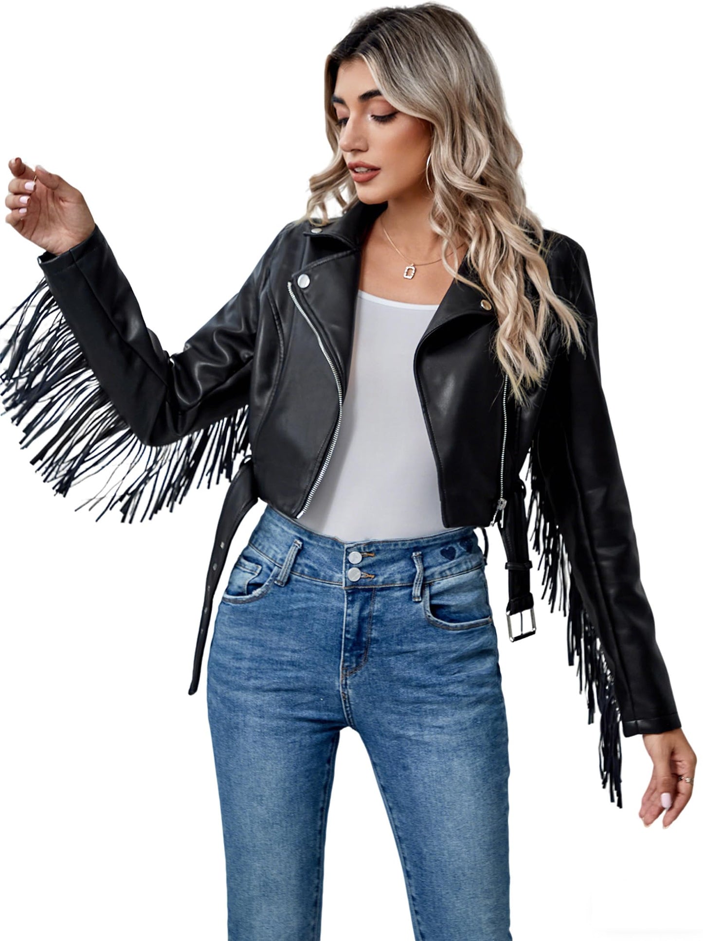 XULIKU Women Faux Leather Jacket, Fall Spring Lapel Short Cropped Vegan Zipper Up Fringe Tassel Trim Pleather Coat with Belt,Pocketless,Black,XL