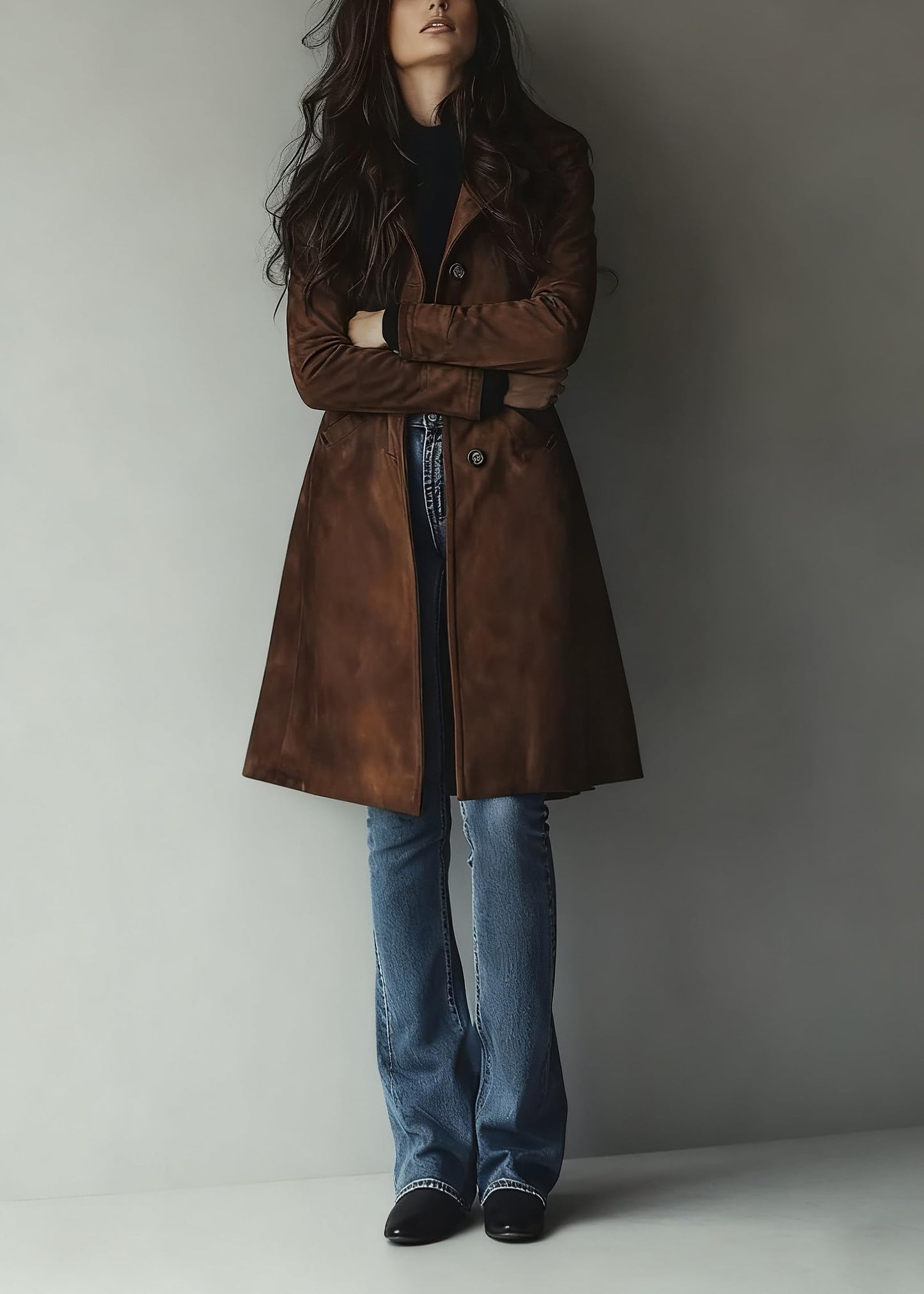utcoco Womens Long Suede Trench Coat Single Breasted Leather Trench Overcoat with Pocket (X-Small, Dark Brown)
