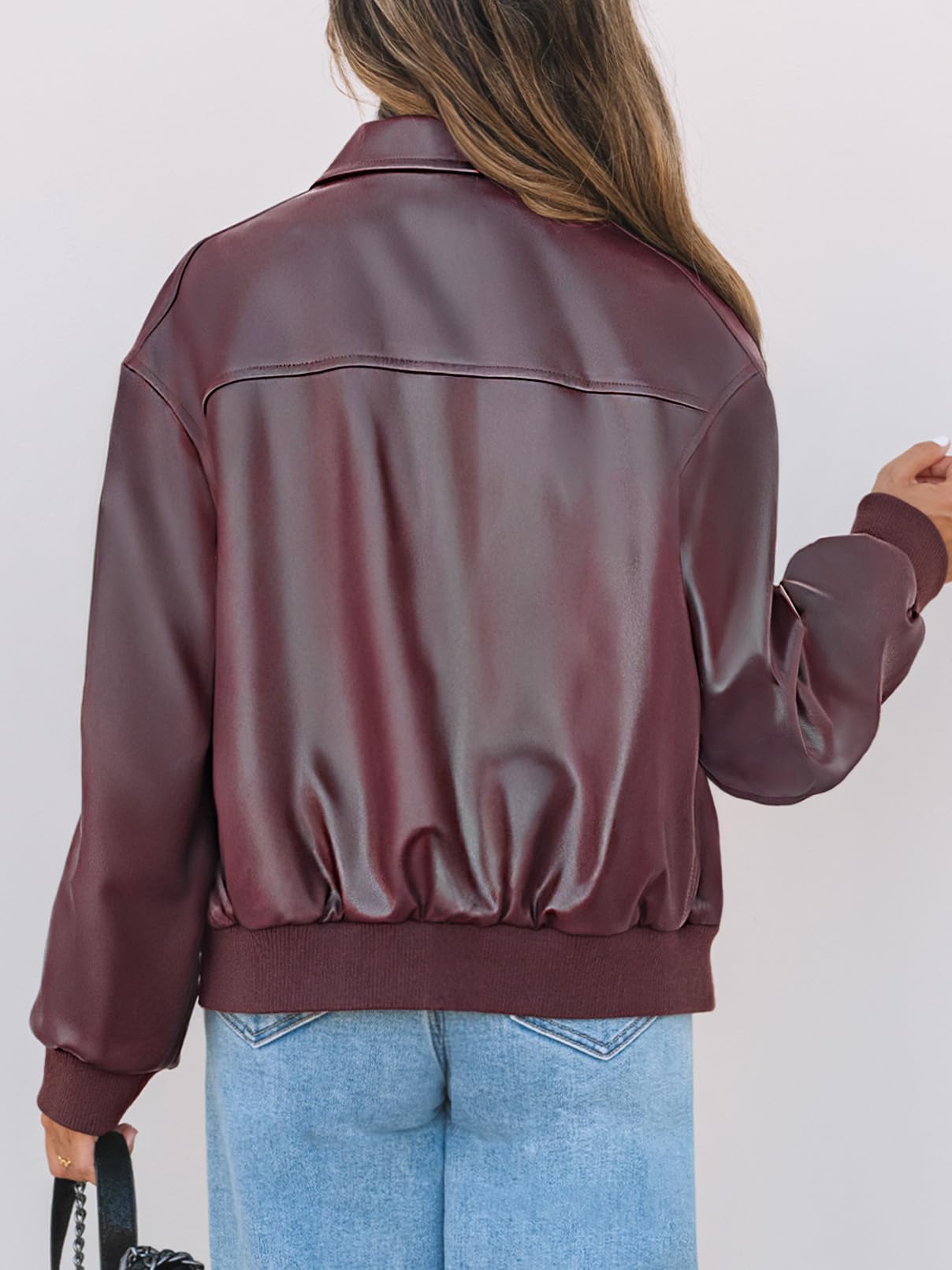 MEROKEETY Women's Winter Spring Oversized Faux Leather Jacket 2026 Fall Zip Up Motorcycle Coats Fashion Outfits Clothes, Burgundy, Large