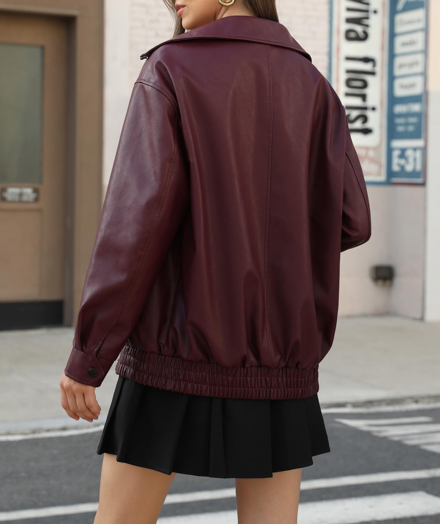 Casly Lamiit Faux Leather Jacket Women 2025 Trendy Motorcycle Oversized Coats Zip Up Bomber Jackets Casual Fashion Outfits Burgundy S