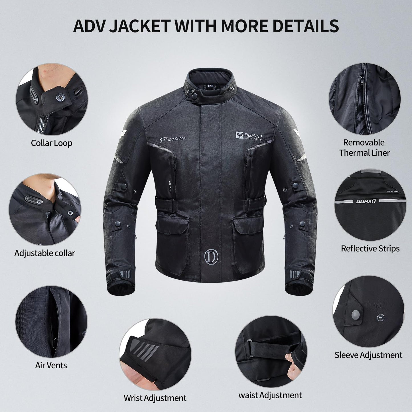 DUHAN Motorcycle Jacket Men, Waterproof Motorcycle Riding Jacket CE Level 2 Armor 3 In 1 Windproof biker Jacket Reflective with Detachable Thermal Liner for All Season Motorbike/Motorcross/Mtb/ADV