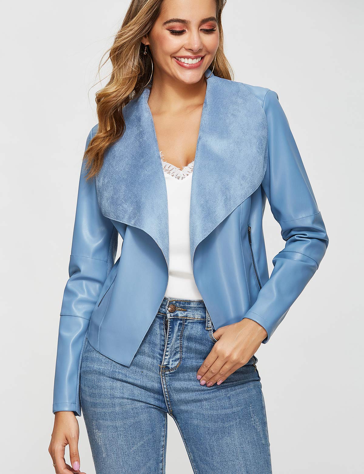 Escalier Women's Faux Slim Leather Blazer Open Front Lapel Jacket Light Blue L