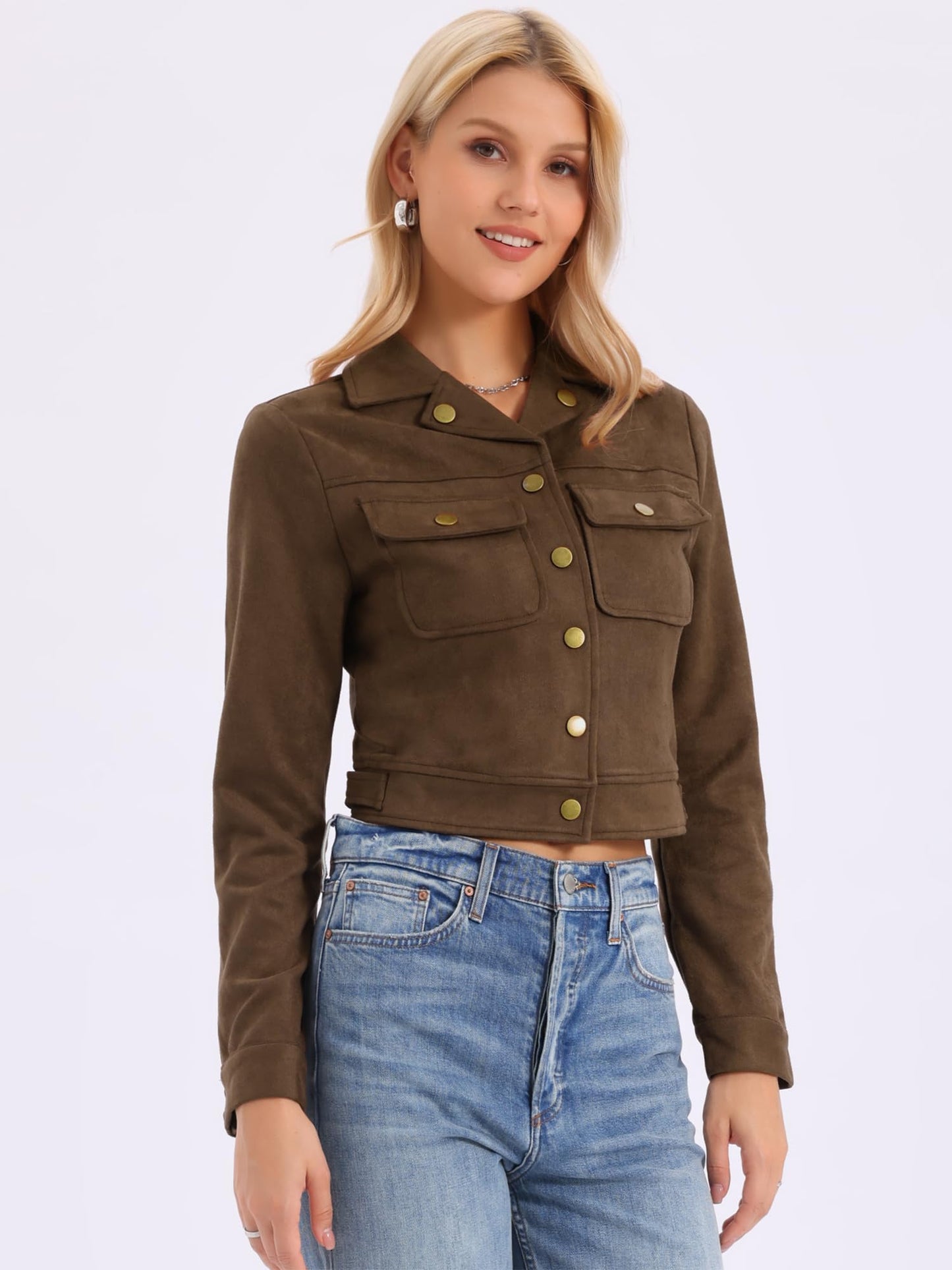 Allegra K Women's Casual Faux Suede Notched Collar Button Up Cropped Jacket with Pockets Small Coffee