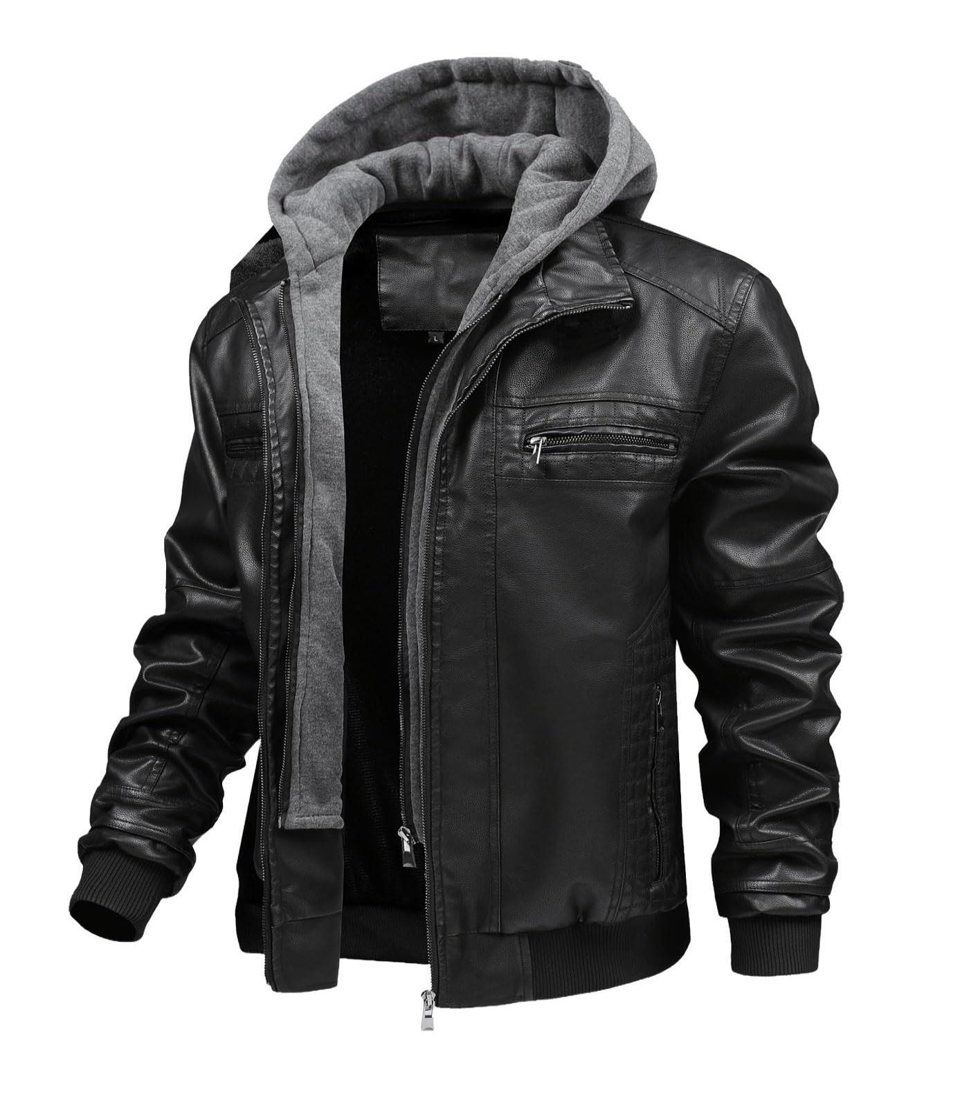 FTIMILD Men's Leather Jacket Motorcycle Jacket Windproof PU Vintage Bomber Jacket with Removable Hood