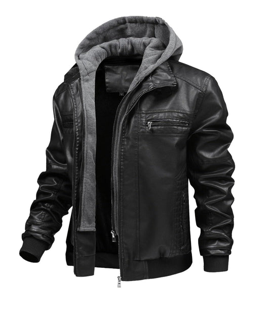 FTIMILD Men's Leather Jacket Motorcycle Jacket Windproof PU Vintage Bomber Jacket with Removable Hood