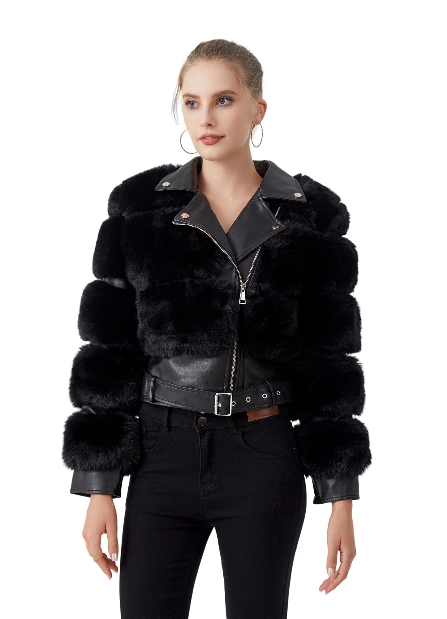 GRAN ORIENTE Women's Moto Style Cropped Faux Fur Jacket,Faux Leather Belted Biker Coat,Zip Up Plush Winter Outerwear (GK098A Black, M)