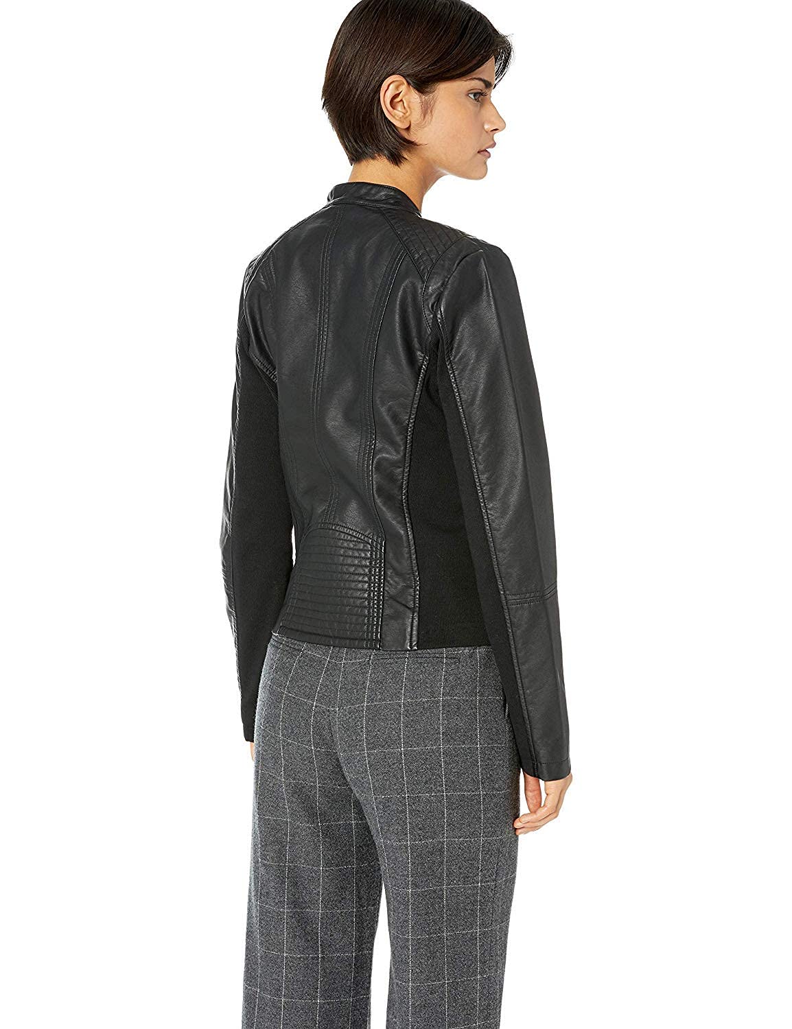 Sebby Collection Women's Faux Leather Jacket with Moto Details and Front Zip Pockets, Black, Medium