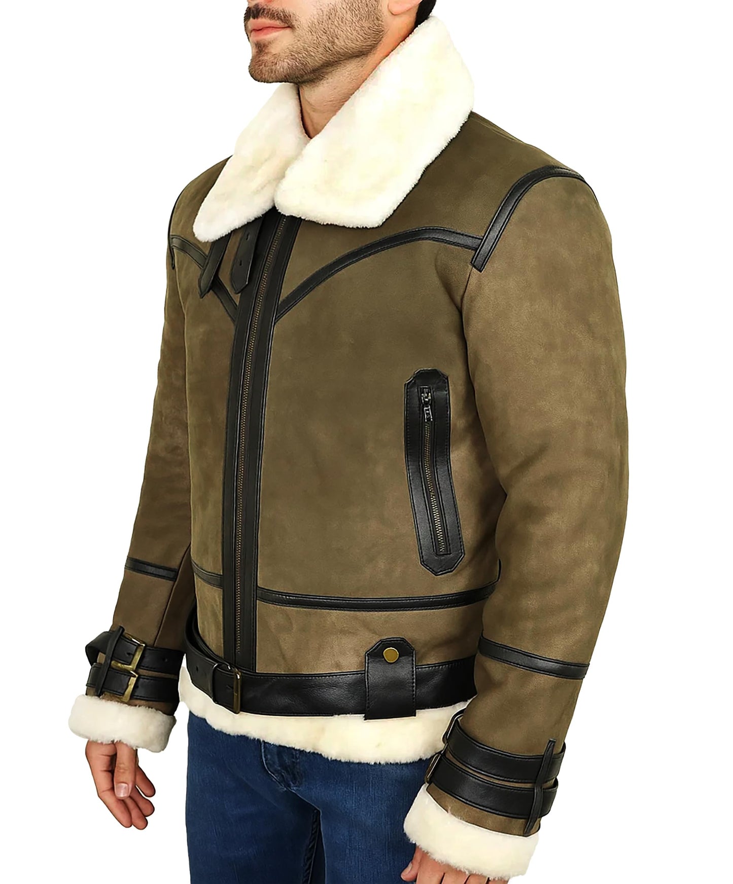 Aviator Bomber Synthetic Fur Shearling Jacket - Mens RAF B3 Bomber Ginger Sheepskin Leather Jacket Olive