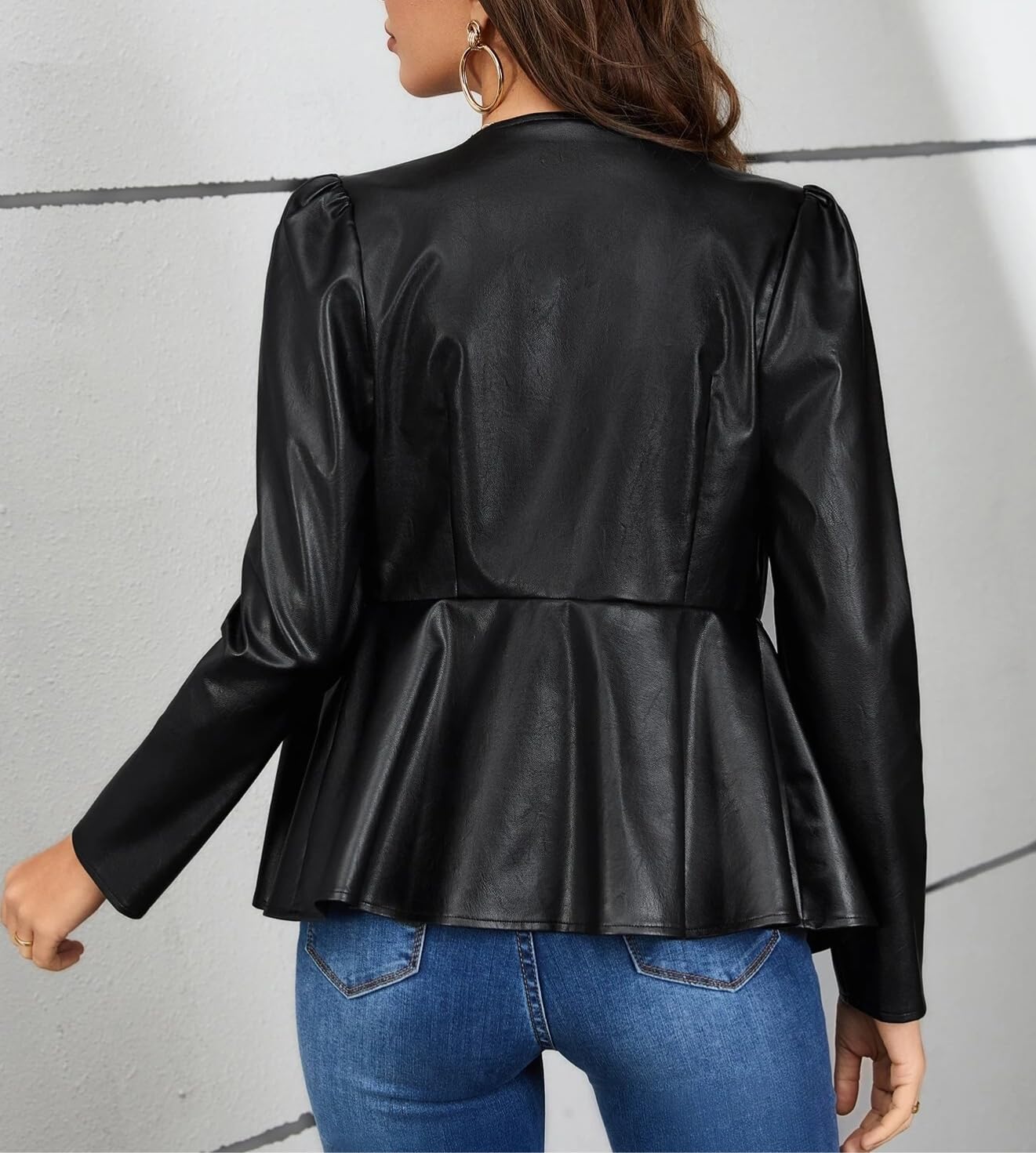 Kedera Womens Faux Leather Jacket Zip Up Puff Sleeve Peplum Coat Long Sleeve Jacket Crew Neck Crop Jacket Outwear