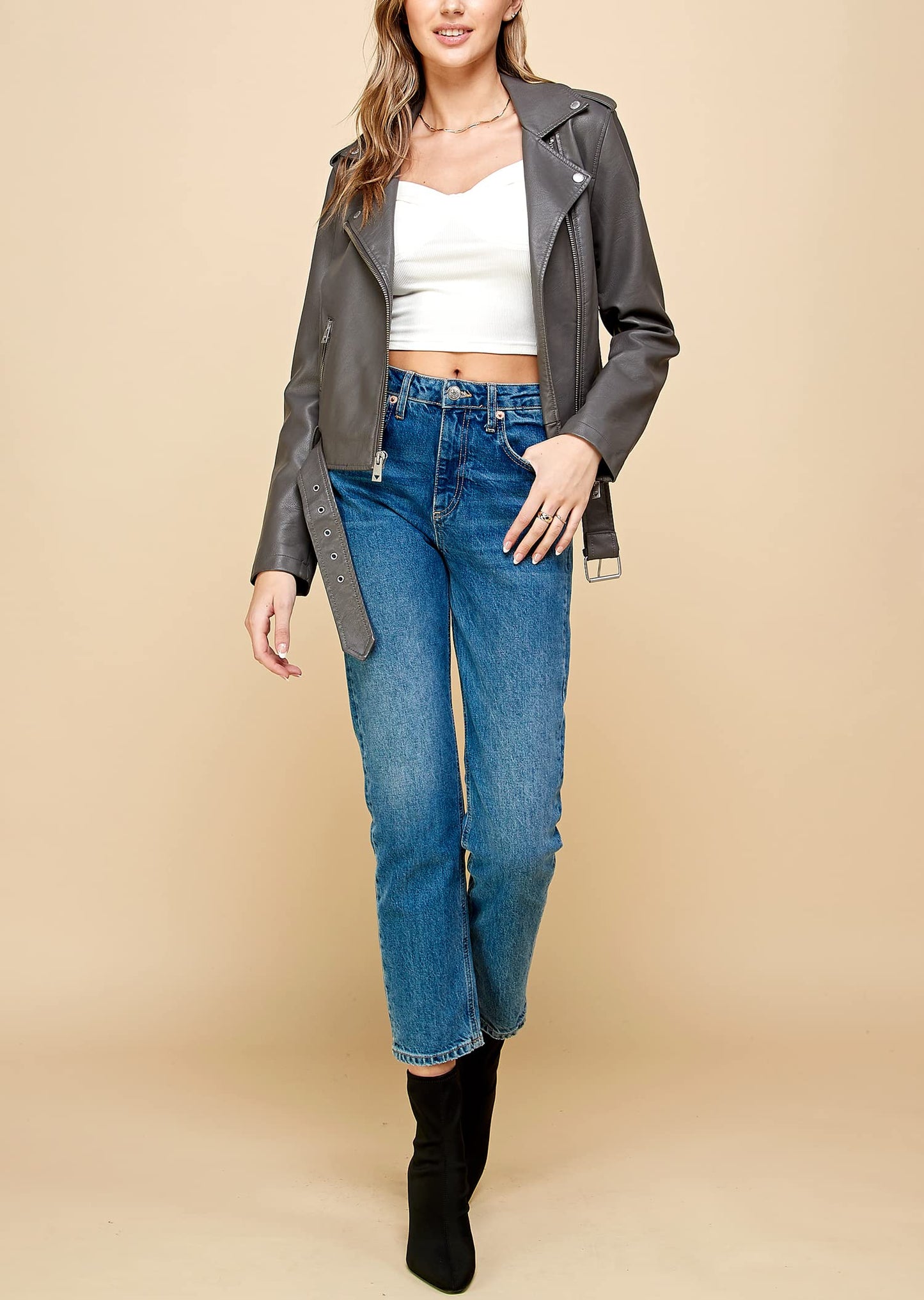 Made By Johnny MBJ WJC1849 Women's Asymmetrical Faux Lether Belted Moto Jacket L Grey