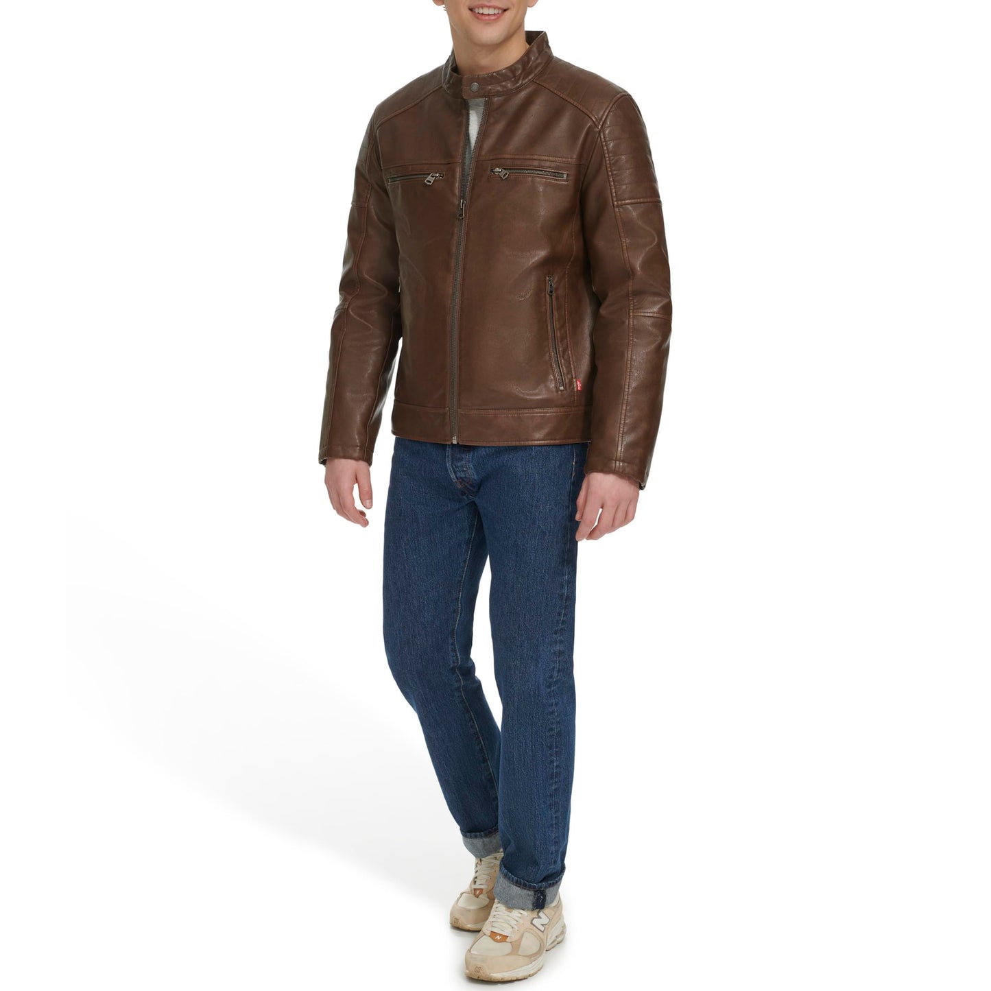Levi's Men's Faux Leather Hooded Racer Jacket, Saddle Quilt Lined, Large