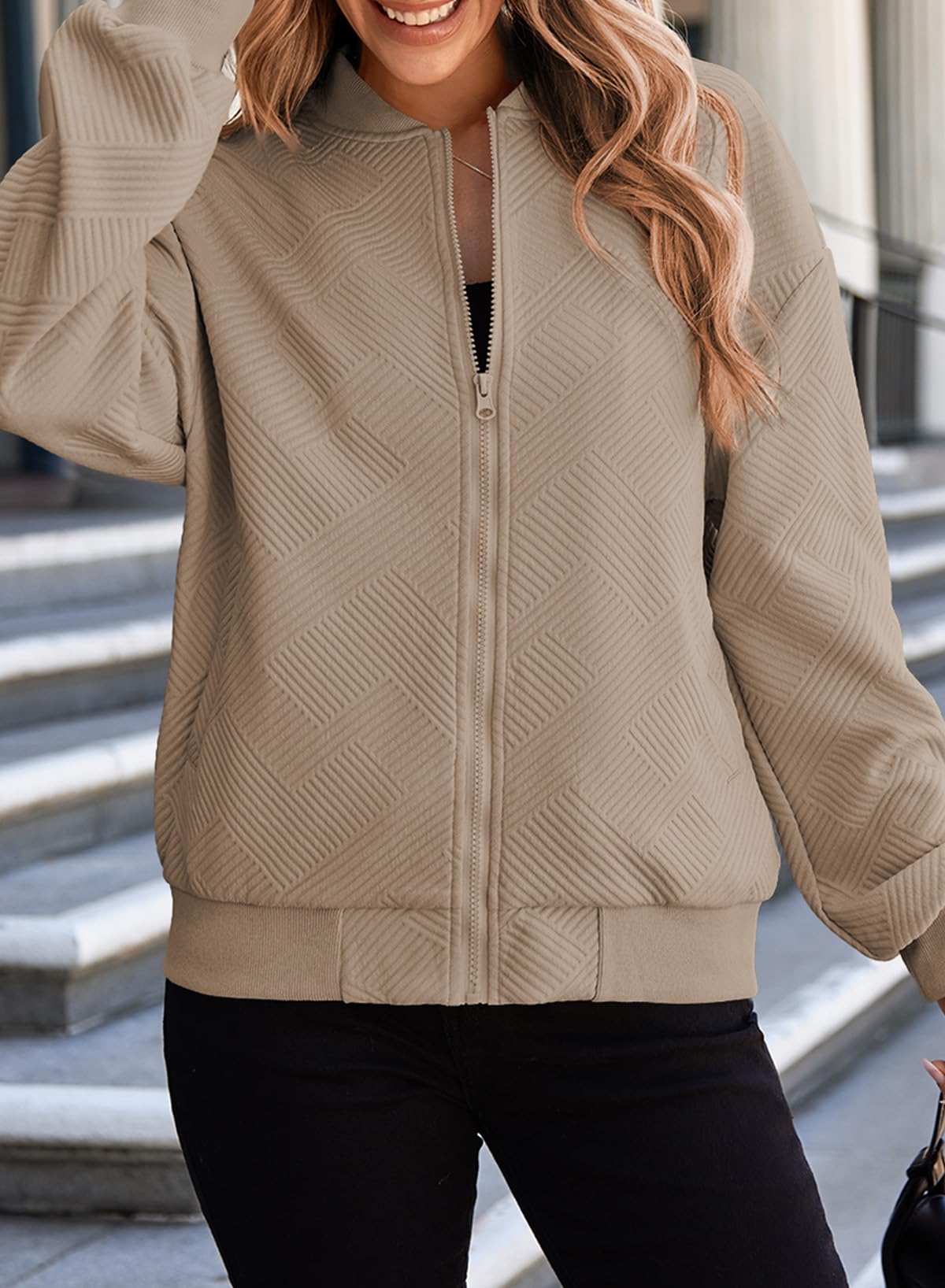 EVALESS Women's Cropped Bomber Jacket Casual Long Sleeve Full Zipper Lightweight Outwear Fall Winter Shacket Jackets Coat with Pockets Small Dark Khaki