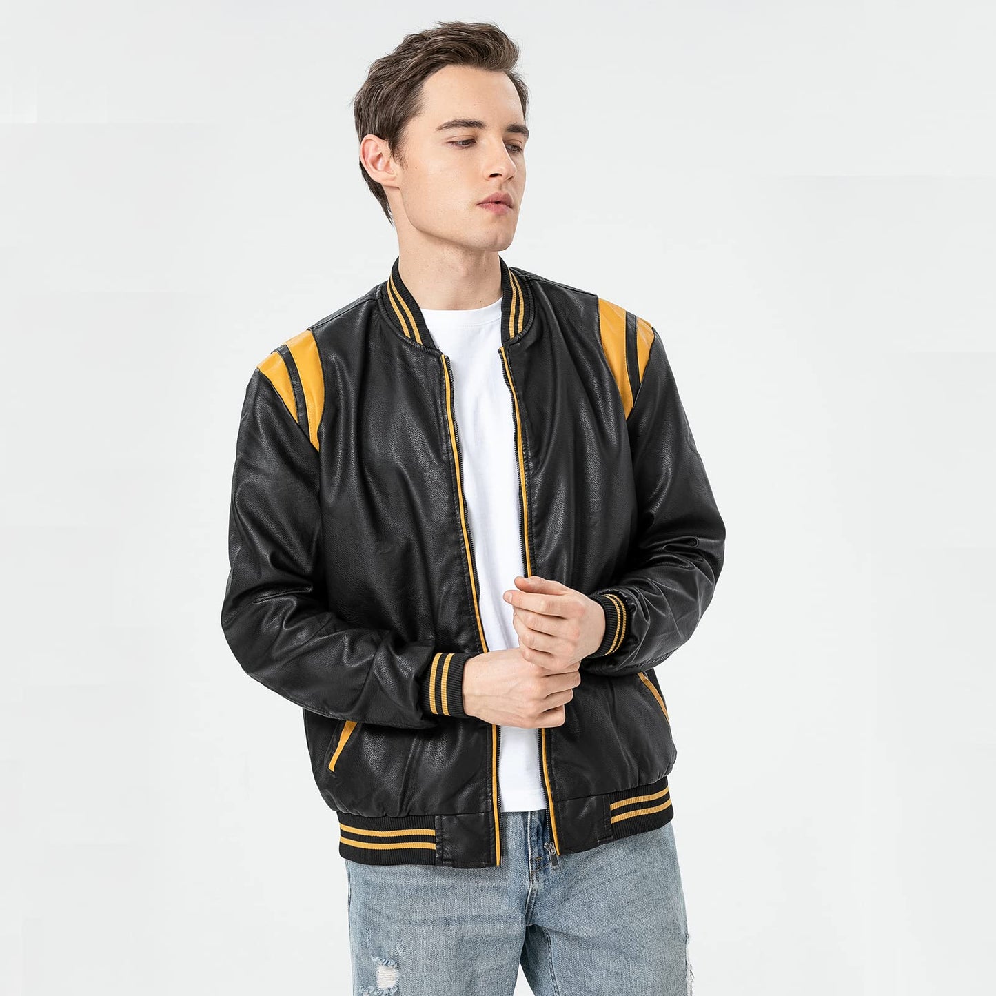 chuida Mens PU Faux Leather Motorcycle Bomber Jacket Stand Collar Fleece Windproof Lightweight Biker Racing Coats Outwear