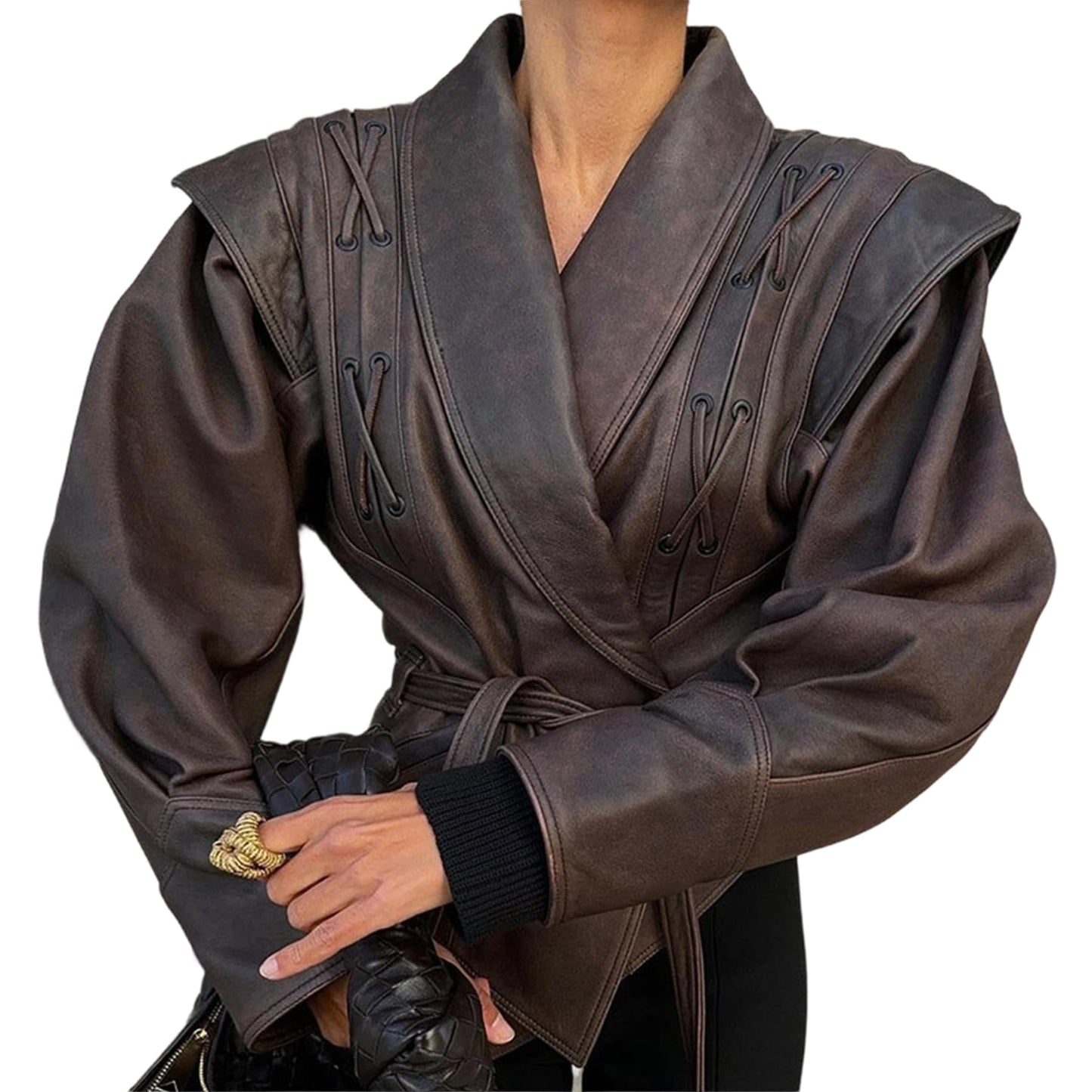 LETSVDO Leather Jacket Women Faux PU Oversized Lace Up Asymmetrical Belted Motorcycle Bomber Coats Fashion Fall Clothes