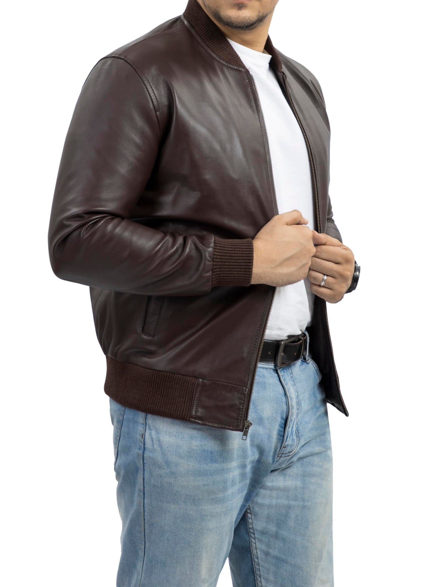 Jild Varsity Style Leather Bomber Jacket Men - Genuine Lambskin Men's Casual Fashion Classic MA-1 Leather Jacket (Rib-Brn-M)
