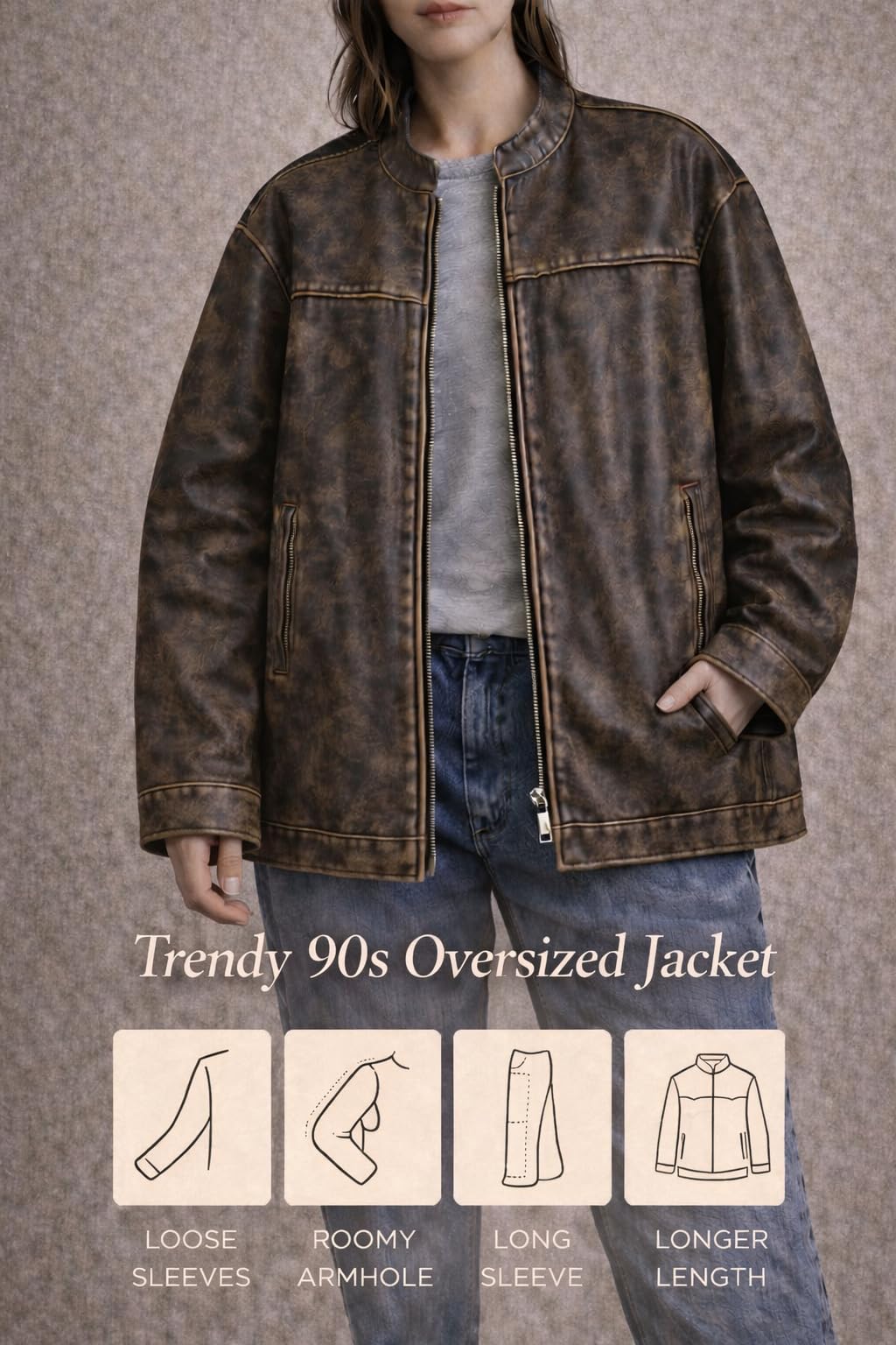 Women’s Oversized Vintage Leather Bomber Jacket – Genuine Lambskin, Distressed, Drop-Shoulder, Zip-Front (Medium)