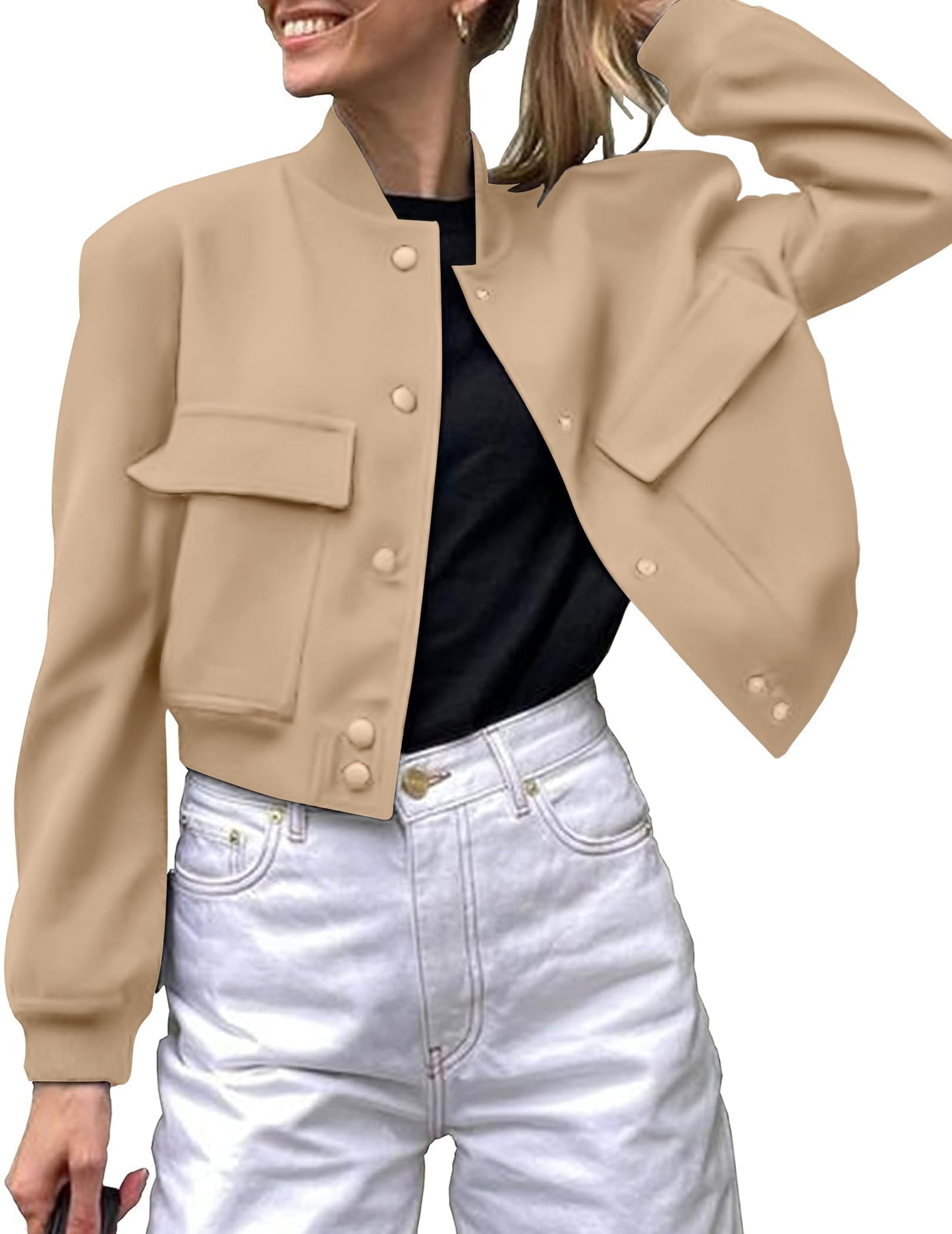 Zeagoo Ladies Jackets Cropped Bomber Shacket Stand Collared Coats Outerwear