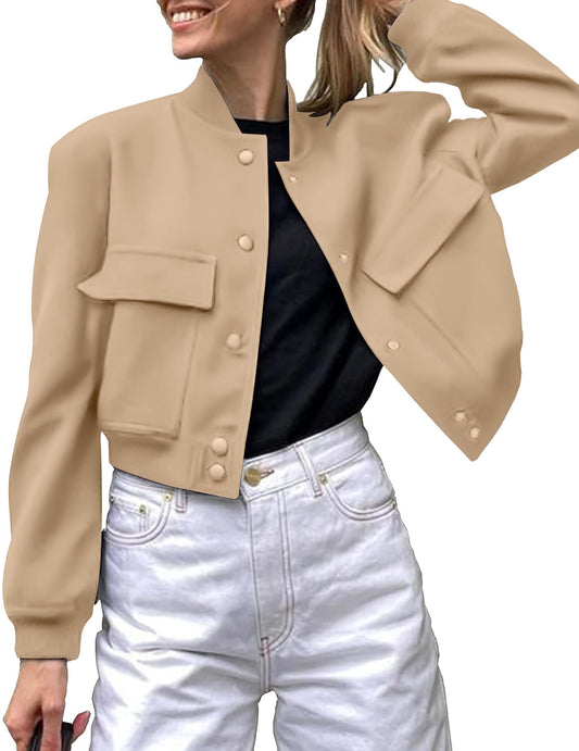 Zeagoo Ladies Jackets Cropped Bomber Shacket Stand Collared Coats Outerwear