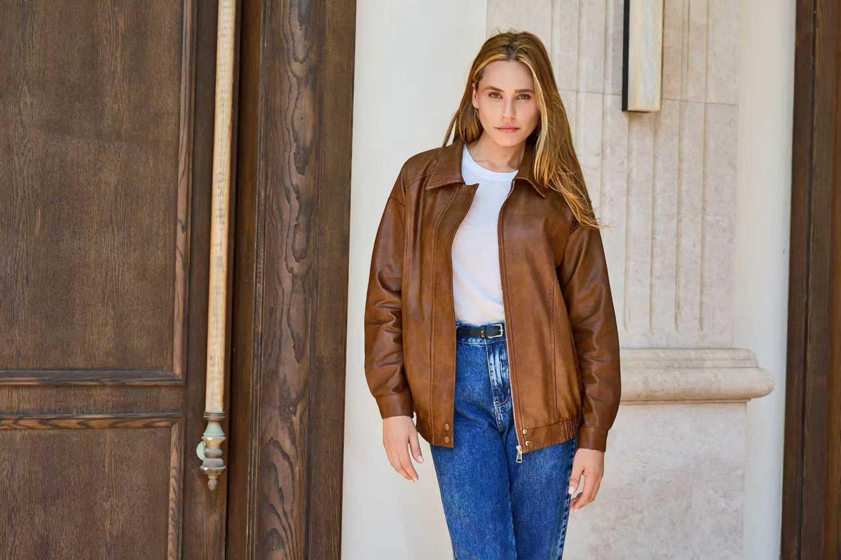 Women's Oversized Faux Leather Bomber Jacket, Zip Up Motorcycle Street Coat