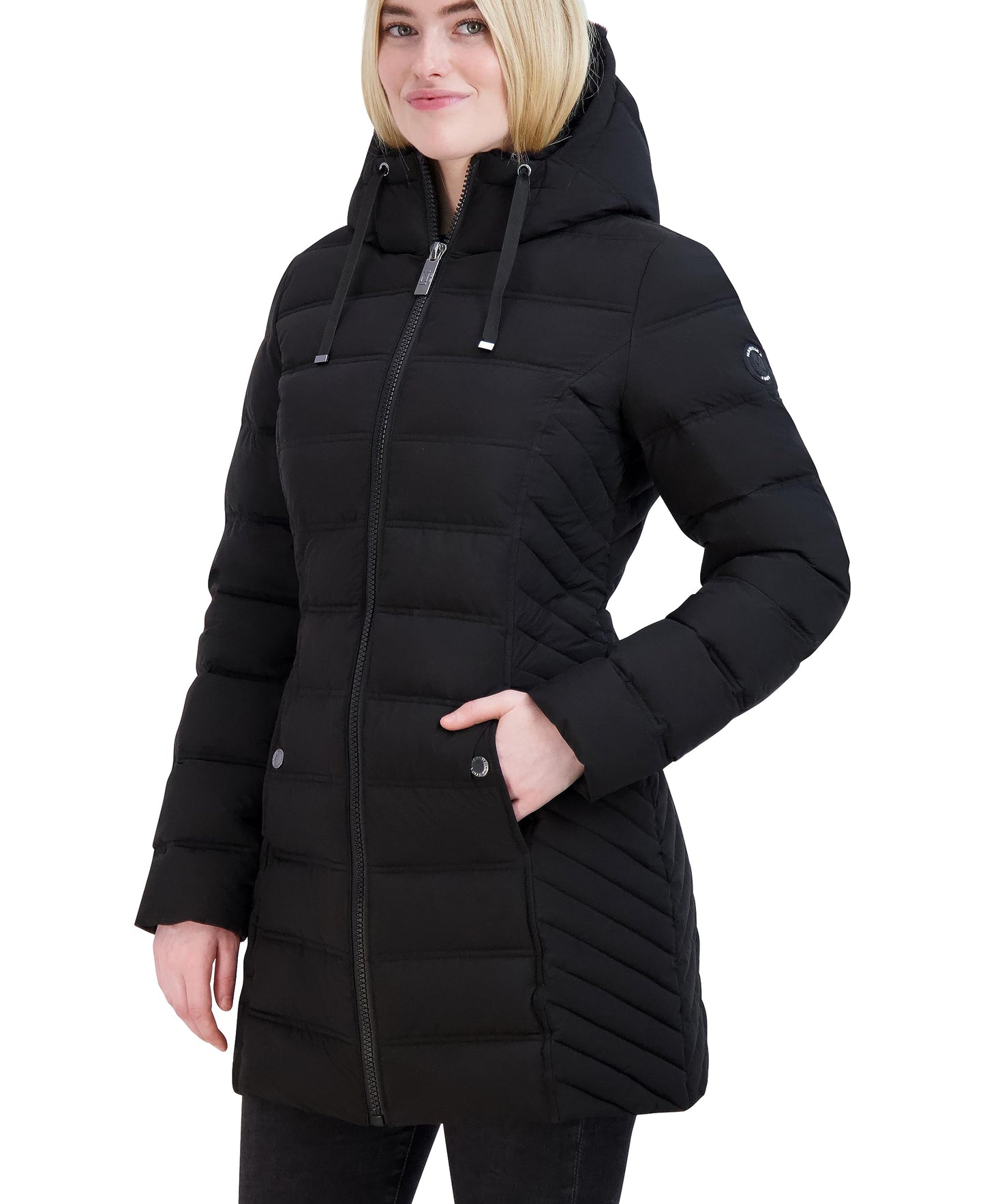 Nautica Women's Stretch Quilted Puffer Jacket– Winter Coat with Detachable Hood & Storm Cuffs, Jet Black, Large