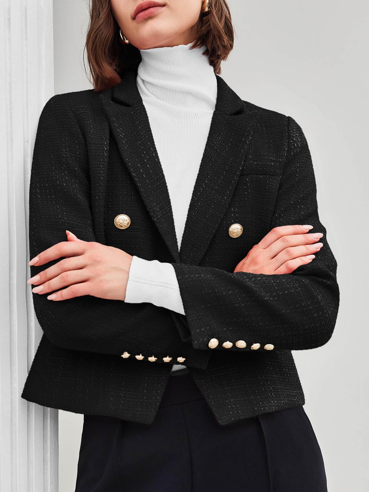 Cicy Bell Women Cropped Tweed Blazer Jackets Lapel Open Front Long Sleeve Business Suit Jackets with Pocket Black