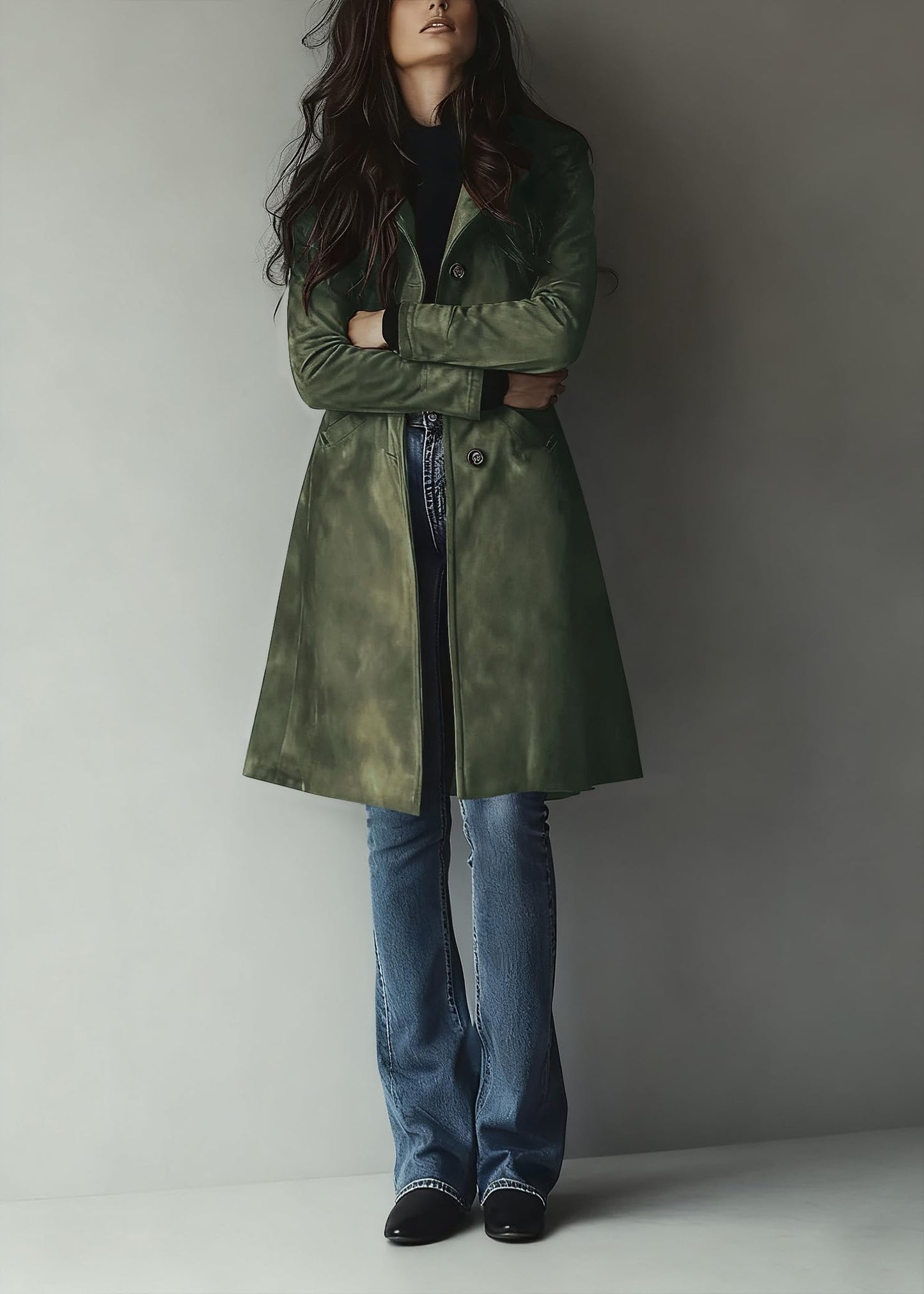 utcoco Womens Long Suede Trench Coat Single Breasted Leather Trench Overcoat with Pocket (X-Small, Army Green)