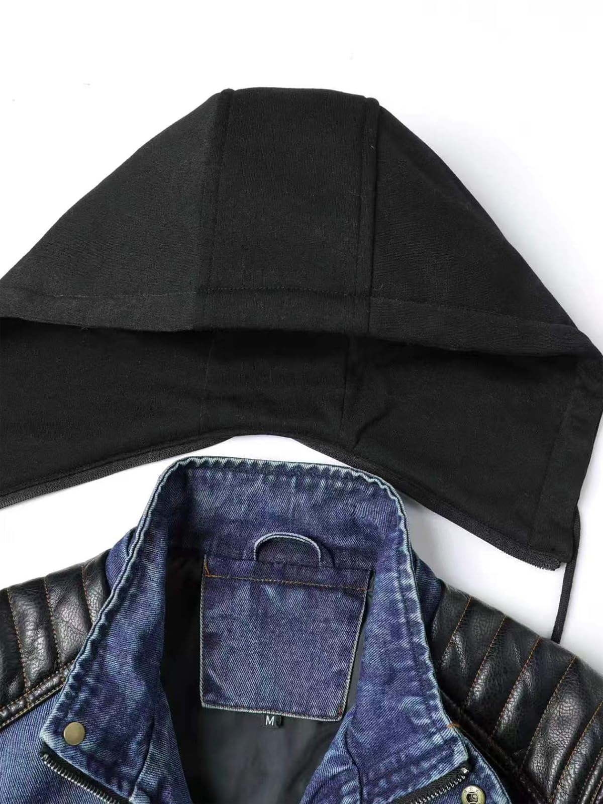 INVACHI Men’s Hooded Denim Trucker Jacket with Faux Leather Patchwork Vintage Casual Jean Wash Biker Coat