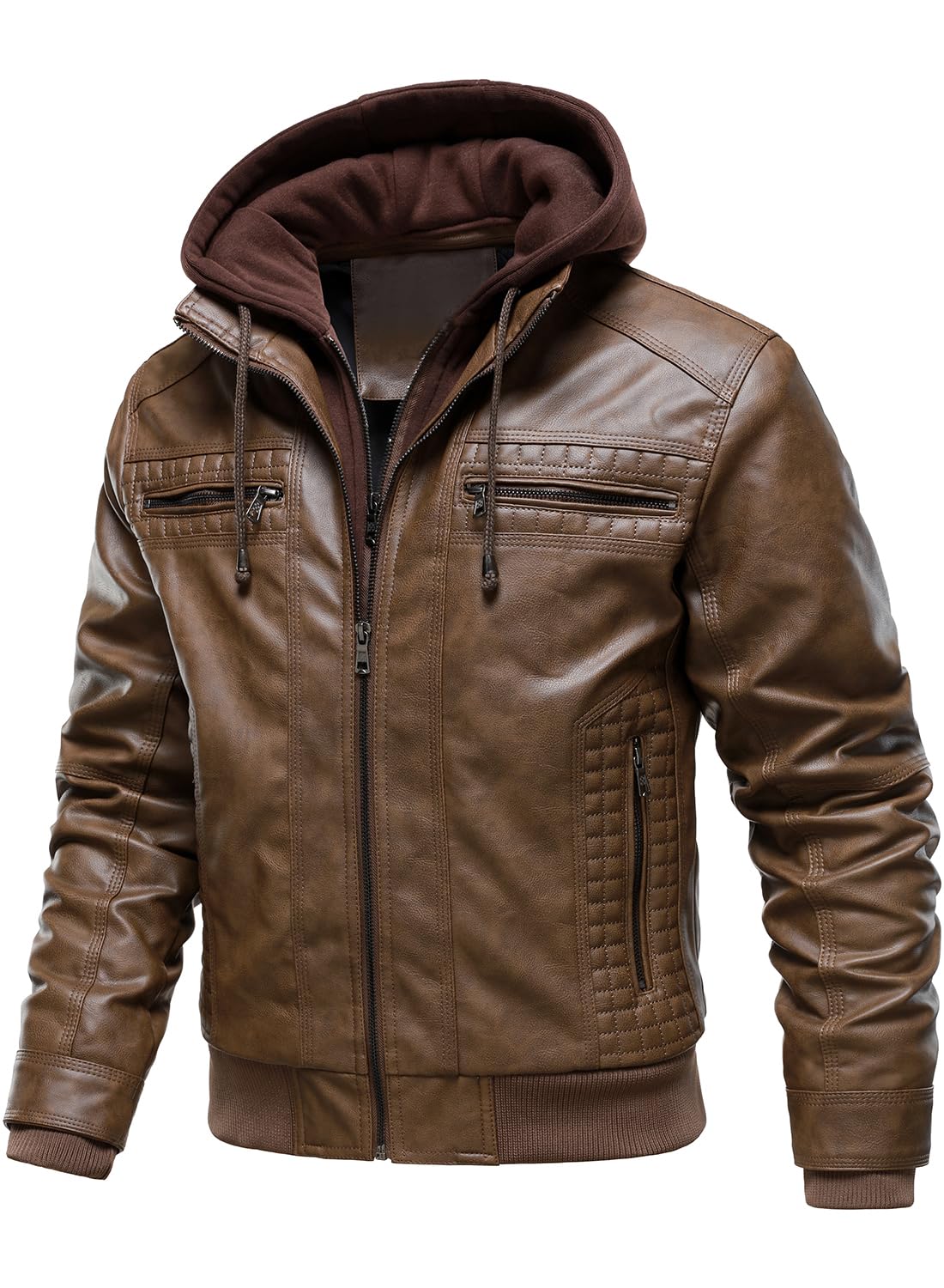 HOOD CREW Men Faux Leather Jacket with Detachable Hood Casual Motorcycle Bomber Jackets Outerwear Brown XXL