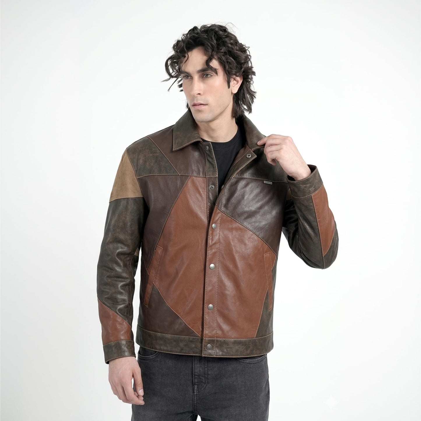 STREGA Men’s Heritage Patchwork Lambskin Leather Jacket – 70s Vintage Rustic Shirt Style, Handmade Multi-Tone Rustic Earth Brown, Button-Front Outerwear (US, Alpha, Large, Regular Fit, Rustic Earth)