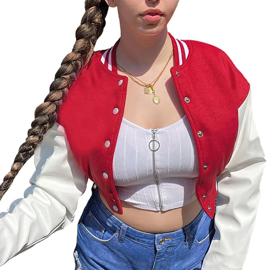 Xaspee Women's Casual Baseball Jacket Faux Leather Colorblock Button Crop Bomber Jacket