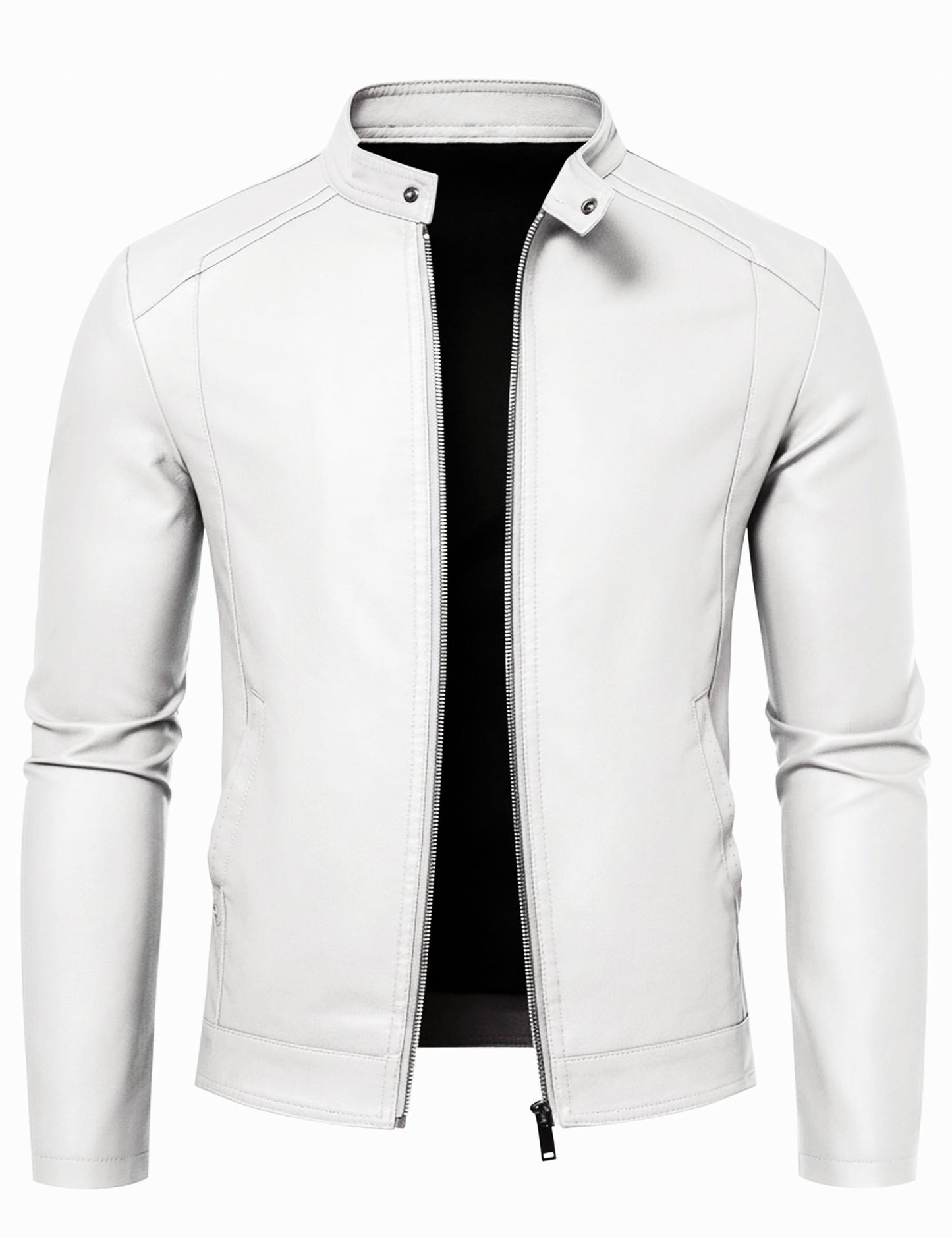 White Leather Jacket Men Faux Leather Motorcycle Stand Collar Biker Coat L