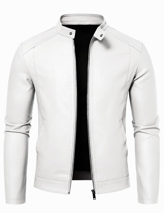 White Leather Jacket Men Faux Leather Motorcycle Stand Collar Biker Coat L