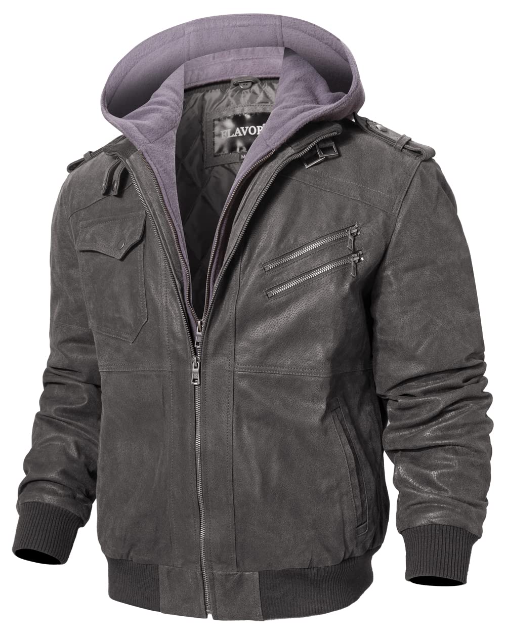 FLAVOR Men Brown Leather Motorcycle Jacket with Removable Hood (Medium, Gray)
