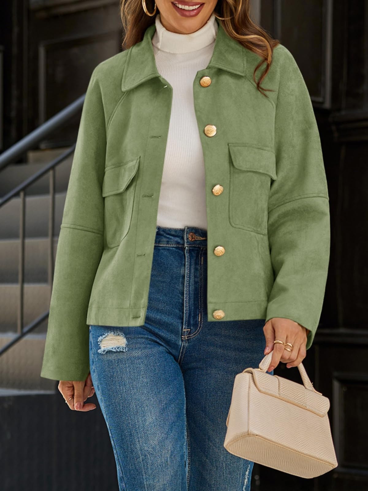 Cicy Bell Womens Faux Suede Leather Jackets Oversized Cropped Casual Lapel Collar Button Down Fall Vintage Shackets