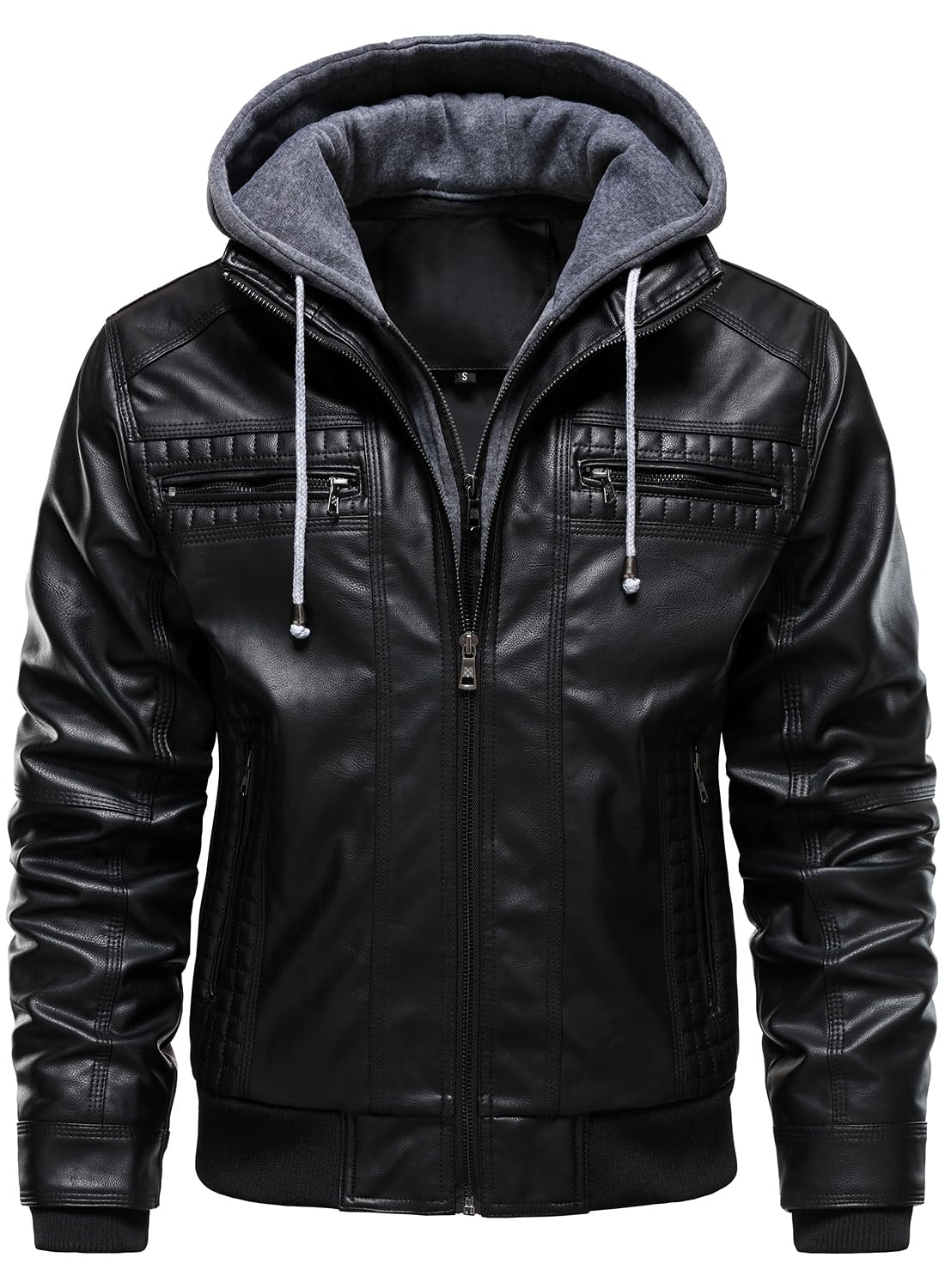 HOOD CREW Men Faux Leather Jacket with Detachable Hood Casual Motorcycle Bomber Jackets Outerwear Black L