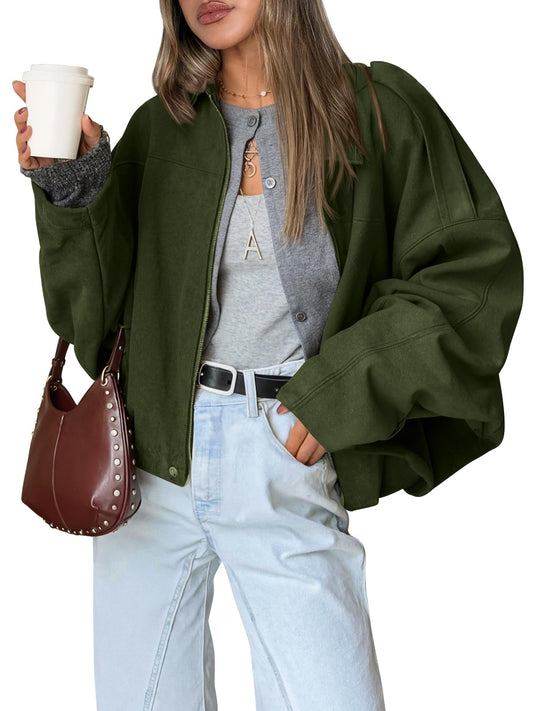 Trendy Queen Womens Faux Suede Bomber Jacket Fall Oversized Zip Up Cropped Jackets Winter Motorcycle Coat 2026 ArmyGreen XS