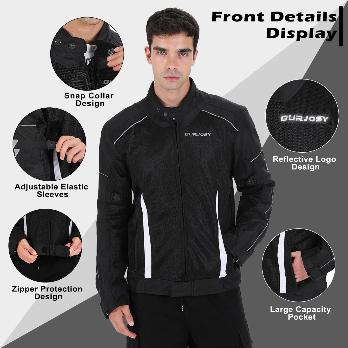 Burjosy Mesh Motorcycle Jacket for Men, Summer Motorbike Biker Jacket, Reflective Lightweight Breathable Riding Jacket Protective Gear Armored