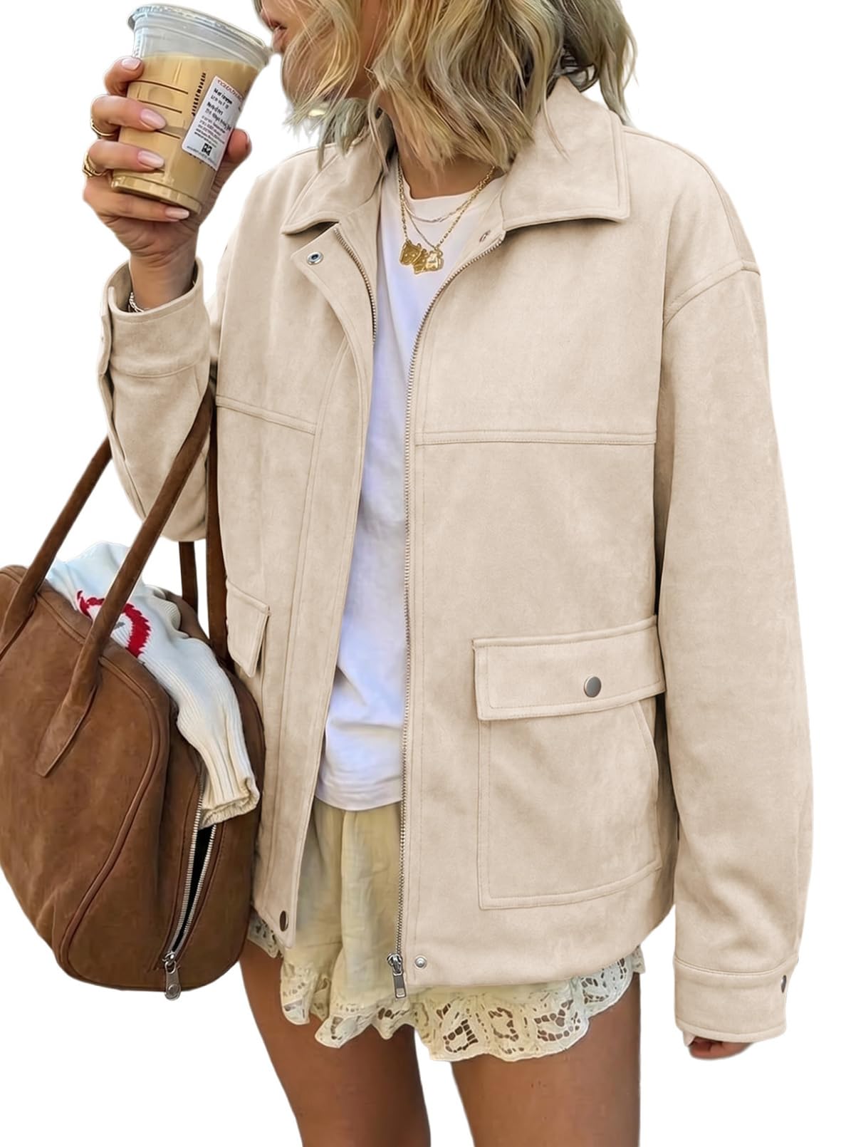 EVALESS Fall Jackets for Women Faux Suede Lapel Zip Up Boyfriend Biker Moto Coat Lightweight Fall Bomber Outerwear Beige Medium